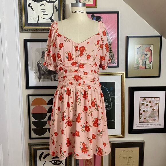 Collective Concepts Womens Size Large Smocked Mini Dress Pink Floral Puff Sleeve - Picture 3 of 8